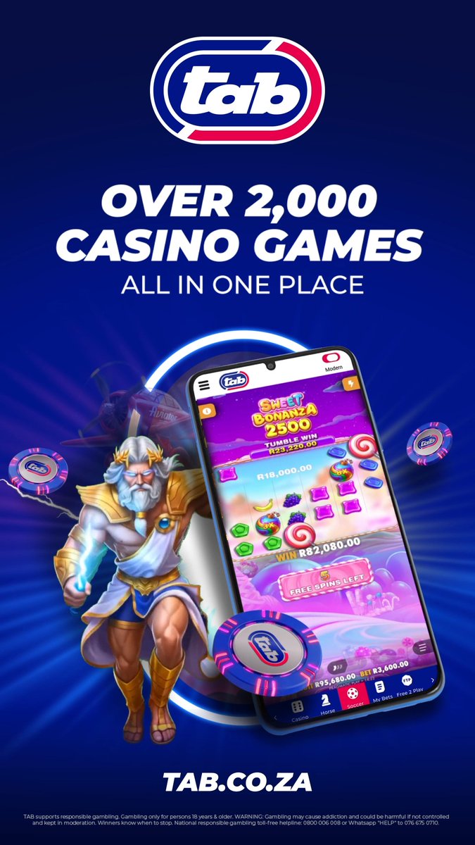 A promotional advertisement for tab.co.za featuring the text 'OVER 2,000 CASINO GAMES ALL IN ONE PLACE', with a phone displaying a 'Sweet Bonanza 2500' game and a Zeus-like character illustration.