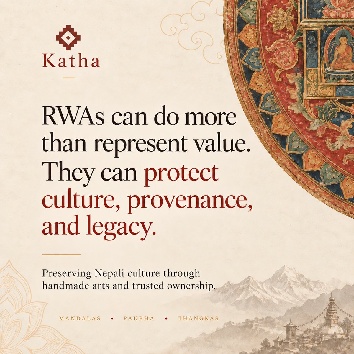 kathadotfun's tweet photo. RWAs can be more than finance.

With Katha, we’re exploring how on-chain ownership can help preserve the provenance, identity, and story of Nepal’s handmade cultural art.

The goal is simple: make these works easier to trust, collect, and carry forward globally. 🇳🇵 https://t.co/8e6y9PrPas