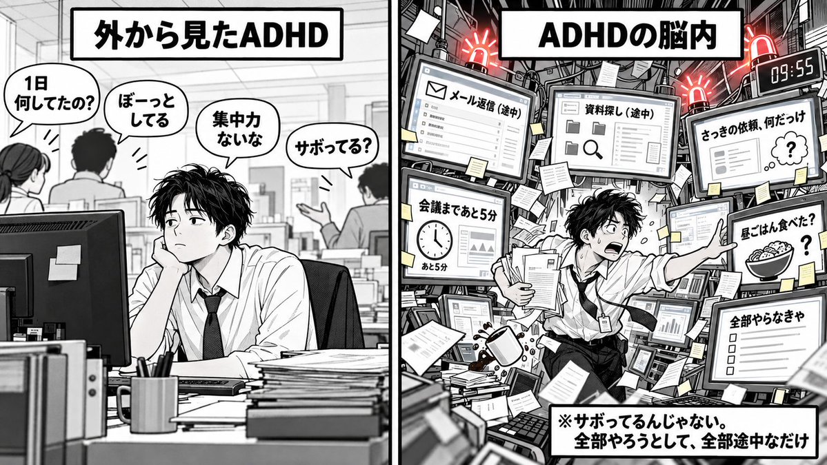 otonashikotoba's tweet photo. ←外から見たADHDとADHDの脳内→ https://t.co/u6Mm2K8wR3