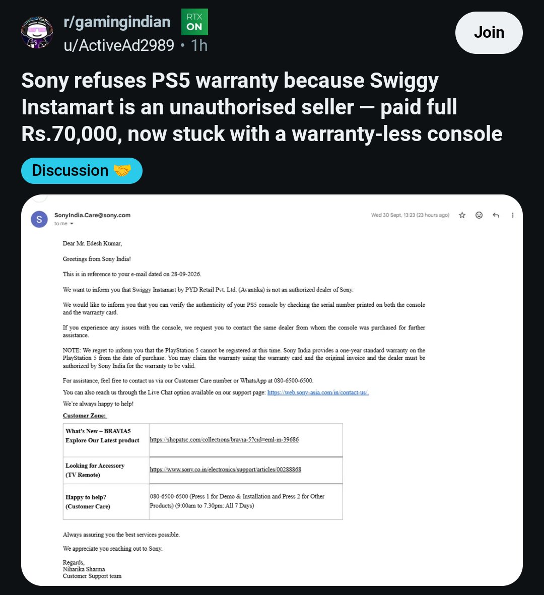 ICGOriginal's tweet photo. 🚨 No PS5 warranty if purchased through quick-commerce platforms like Instamart, Zepto, Blinkit etc! 🚨

"Swiggy Instamart by PYD Retail Pvt. Ltd. (Avantika) is not an authorized dealer of Sony... the dealer must be authorized by Sony India for the warranty to be valid." https://t.co/1MIqQR5txr