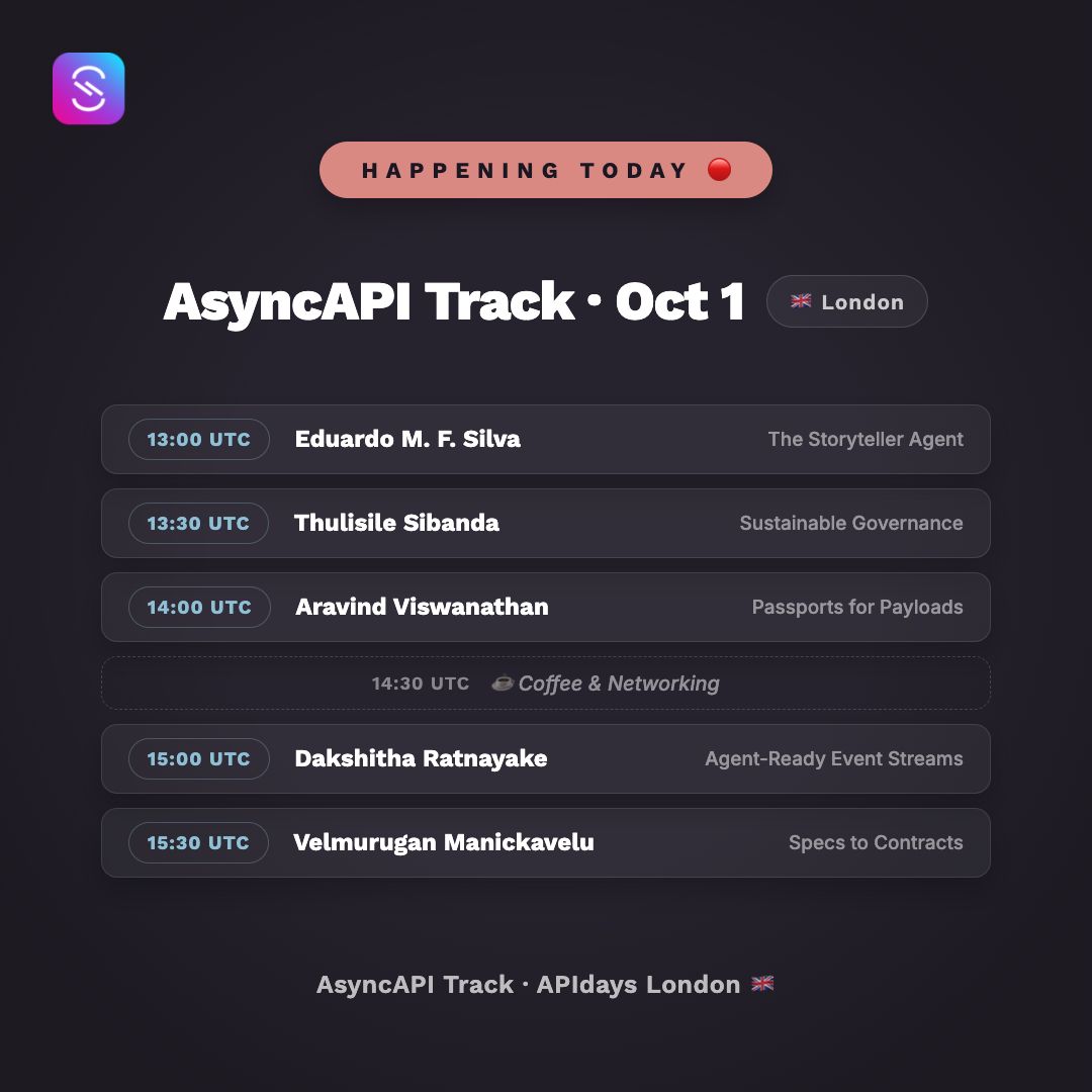 AsyncAPISpec's tweet photo. TODAY: the AsyncAPI Track 🎙️🇬🇧

13:00 Eduardo · Storyteller Agent
13:30 Thulie · Governance
14:00 Aravind · Passports for Payloads
15:00 Dakshitha · Agent-Ready Streams
15:30 Velmurugan · Specs to Contracts
(all UTC)

At APIdays London? Be in that room. 💜

#AsyncAPI #London https://t.co/02Tz1ImIBx