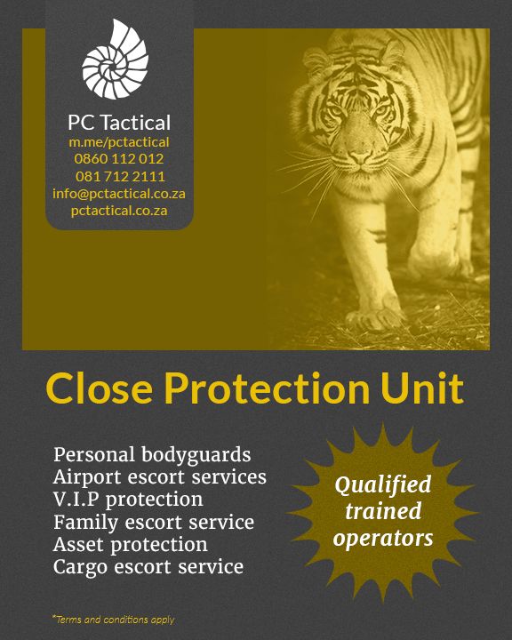 pctact's tweet photo. PC Tactical Close Protection Unit

✅ Personal Bodyguards
✅ Airport Escort Service
✅ V.I.P. Protection
✅ Family Escort Service
✅ Asset Protection
✅ Cargo Escort Service
✅ Qualified trained operators

Contact for more information

#closeprotection #southafrica #crime https://t.co/CweOIQcnyV