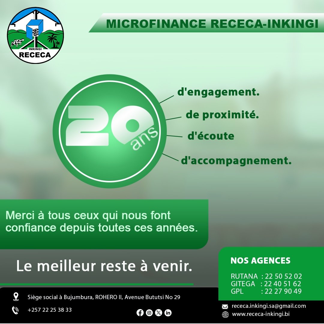 Receca_Inkingi's tweet photo. 20 ans d’engagement, de proximité, d’écoute et d’accompagnement. 

Merci à toutes celles et ceux qui nous font confiance depuis toutes ces années. Ensemble, continuons à construire l’avenir.

#RECECA #RECECAInkingi #20Ans #Burundi https://t.co/bSYKH5Hv1t