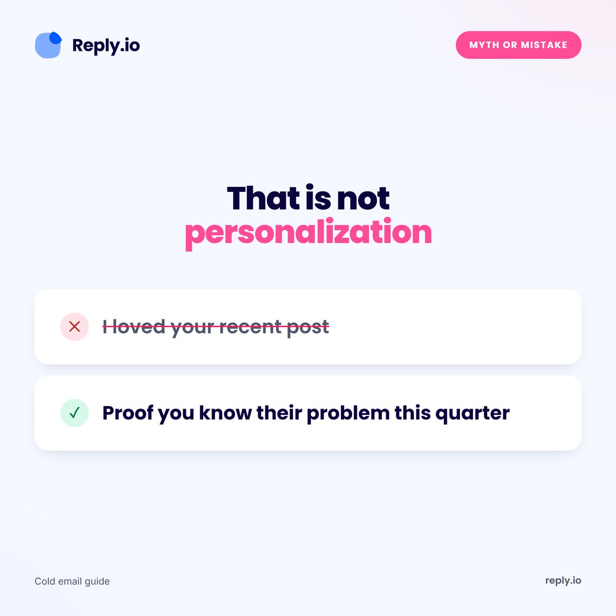 ReplyAppTeam's tweet photo. Personalization is not a compliment about their recent post.

It is proving you know which problem they have this quarter.

If your first line could go to 500 people, it is not personal. It is padding. https://t.co/rBR1jeHoRr