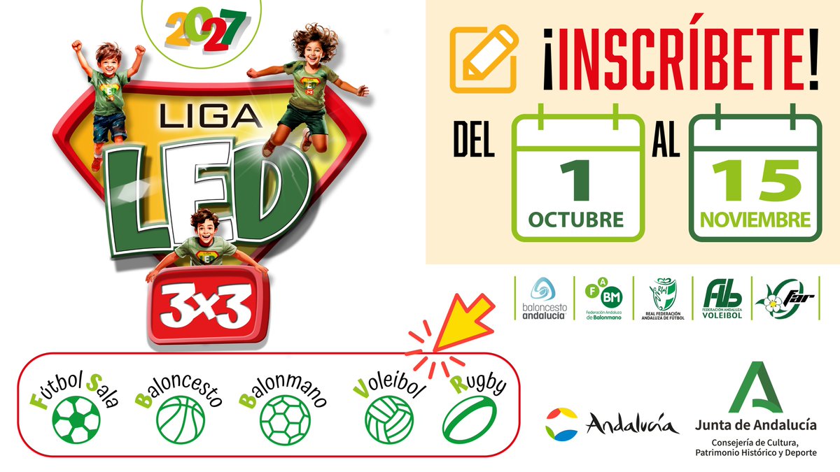 DeporteAND's tweet photo. 🏀🤾‍♀️🏐⚽️🏉 La 6ª edición de la #LigaLED se pone en marcha con la apertura de las inscripciones

🗓️Del 1 de octubre al 15 de noviembre

✅ La @CDJavierImbroda de #Málaga acogerá del 3 al 5 de mayo de 2027 la Fase Final de la competición

#AndalucíaElLugarDelDeporte https://t.co/03xpnMCRul