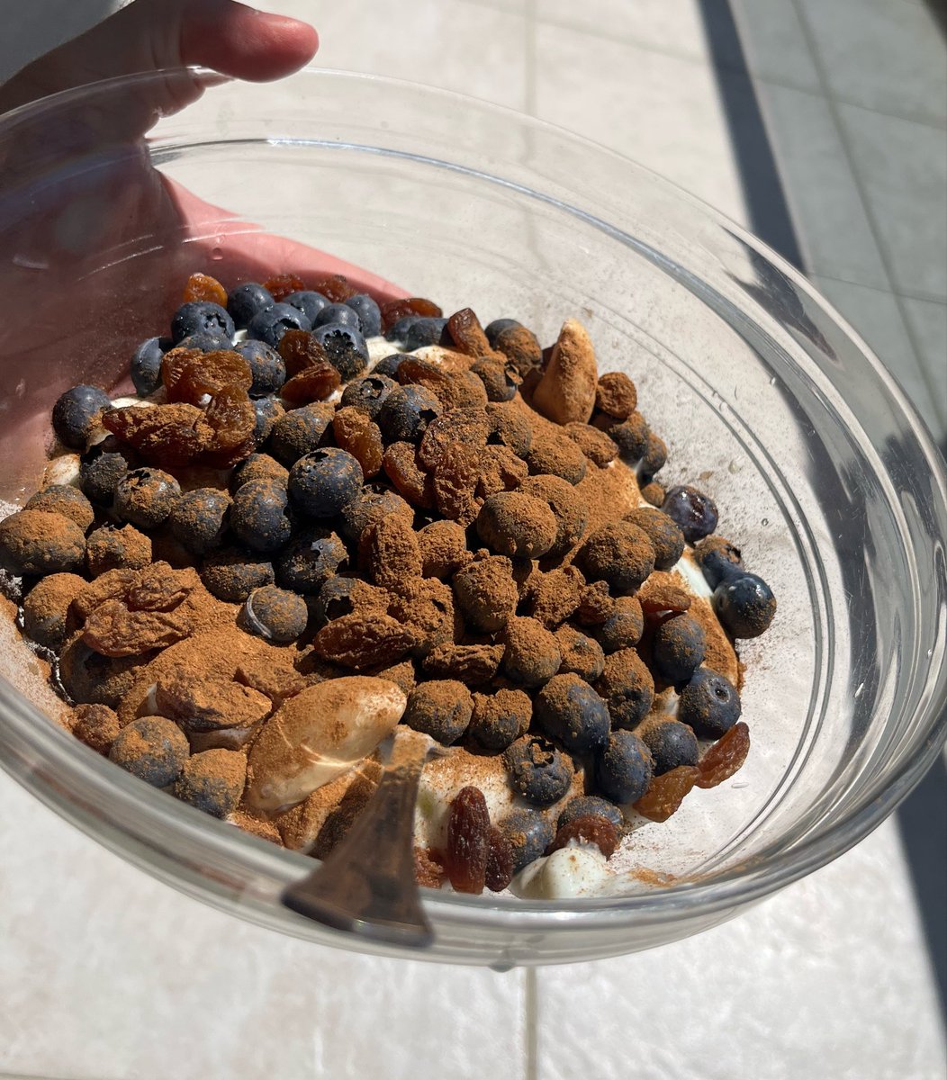 Helios_Movement's tweet photo. “What do you eat now for breakfast?”
Gut health slop.

-Kefir blended with kiwis and some oatbran 
-Goat’s yogurt (or l reuteri coconut yogurt)
-Blueberries
-Raisins (without the seed oils found in most brands)
-Brazil nuts 
-Ceylon cinnamon
-Sometimes I add raw honey and some other yeasts