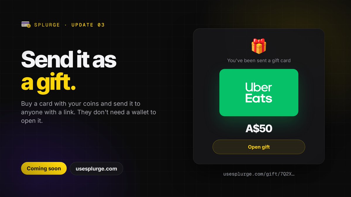 UseSplurge's tweet photo. Update 03 is coming soon 🎁

Turn your bags into a gift.

You'll soon be able to buy any gift card with your coins and send it to anyone with a link. Your friend opens it and gets their code. No wallet, no crypto, no sign-up needed on their end.

Birthdays, thank-yous, or just paying someone back, all straight from your bags.