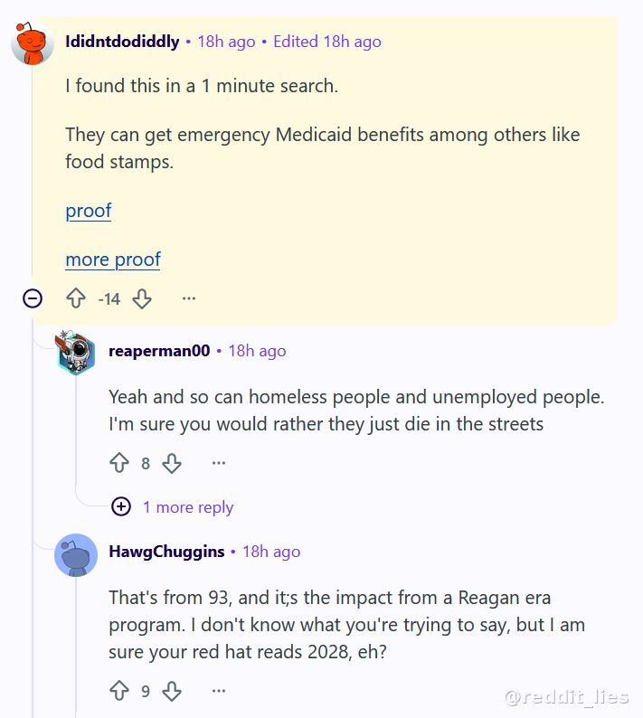 reddit_lies's tweet photo. >"Illegals can't get benefits! Republicans are lying to you!"
>"Actually they can, here's proof"
>"And that's a good thing, chud."

Redditors lie like they breathe https://t.co/isD587pkFA