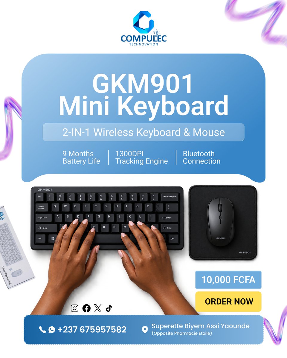 CompulecTech's tweet photo. 🔥 Upgrade your setup with the GKM902 Mini Keyboard &amp; Mouse! ⌨️🖱️

Compact, convenient, and ready to make your everyday computing easier. Whether for your PC, smart TV, office, or home setup, the GKM902 is a practical choice. 💻✨

📍 Available now at Compulec!

#Cameroon #Tech https://t.co/VaByoFpW1q