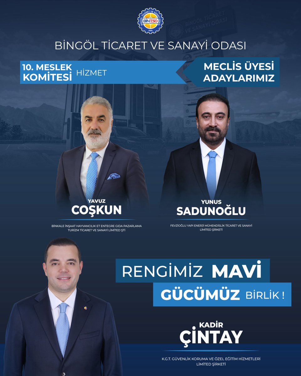 Kadir_Cintay12's tweet photo. Bingöl Ticaret ve Sanayi Odası organ seçimleri kapsamında, 10. Meslek Komitesi (Hizmet) meclis üyesi adaylarımızı üyelerimizin bilgisine sunuyorum.

Mavi Liste adaylarımız:

Kadir Çintay — K.G.T. Güvenlik Koruma ve Özel Eğitim Hizmetleri Limited Şirketi

Yavuz Coşkun — Binkale İnşaat Hayvancılık Et Entegre Gıda Pazarlama Turizm Ticaret ve Sanayi Limited Şirketi

Yunus Sadunoğlu — Fevzioğlu Yapı Enerji Mühendislik Ticaret ve Sanayi Limited Şirketi

Hizmet sektöründe faaliyet gösteren üyelerimizin görüş ve taleplerini oda çalışmalarımıza taşımayı sürdüreceğiz. 3 Ekim’de yapılacak seçimlerde desteğinizi bekliyorum.
#BİNTSO #RengimizMaviGücümüzBirlik