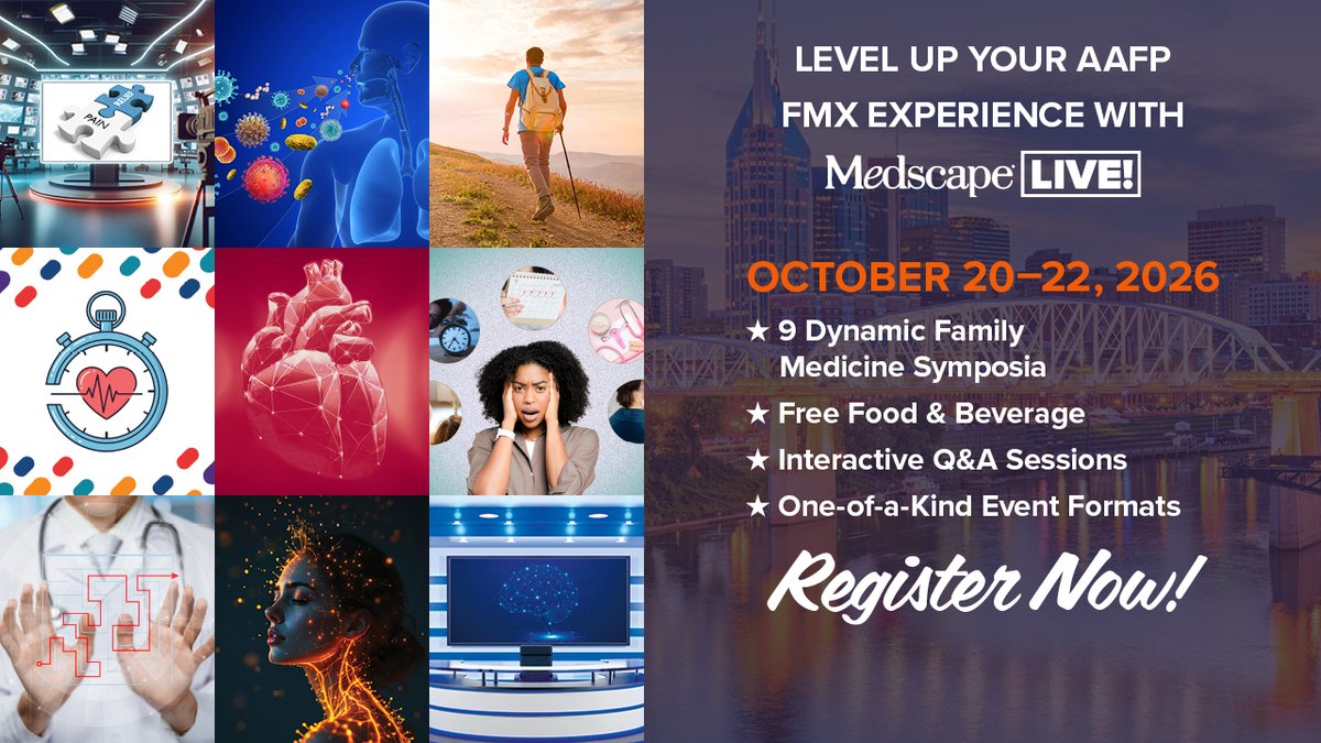 Medscape's tweet photo. 🎸 Family medicine is taking center stage in Nashville! Join us at #AAFPFMX or 9 live CME symposia exploring pain management, diabetes, CKM health, menopause, OSA, fibromyalgia, stroke prevention &amp; more. 🎟️ Register now and secure your spot! https://t.co/YbnCrOfOS7 https://t.co/Efgnw5n5t9