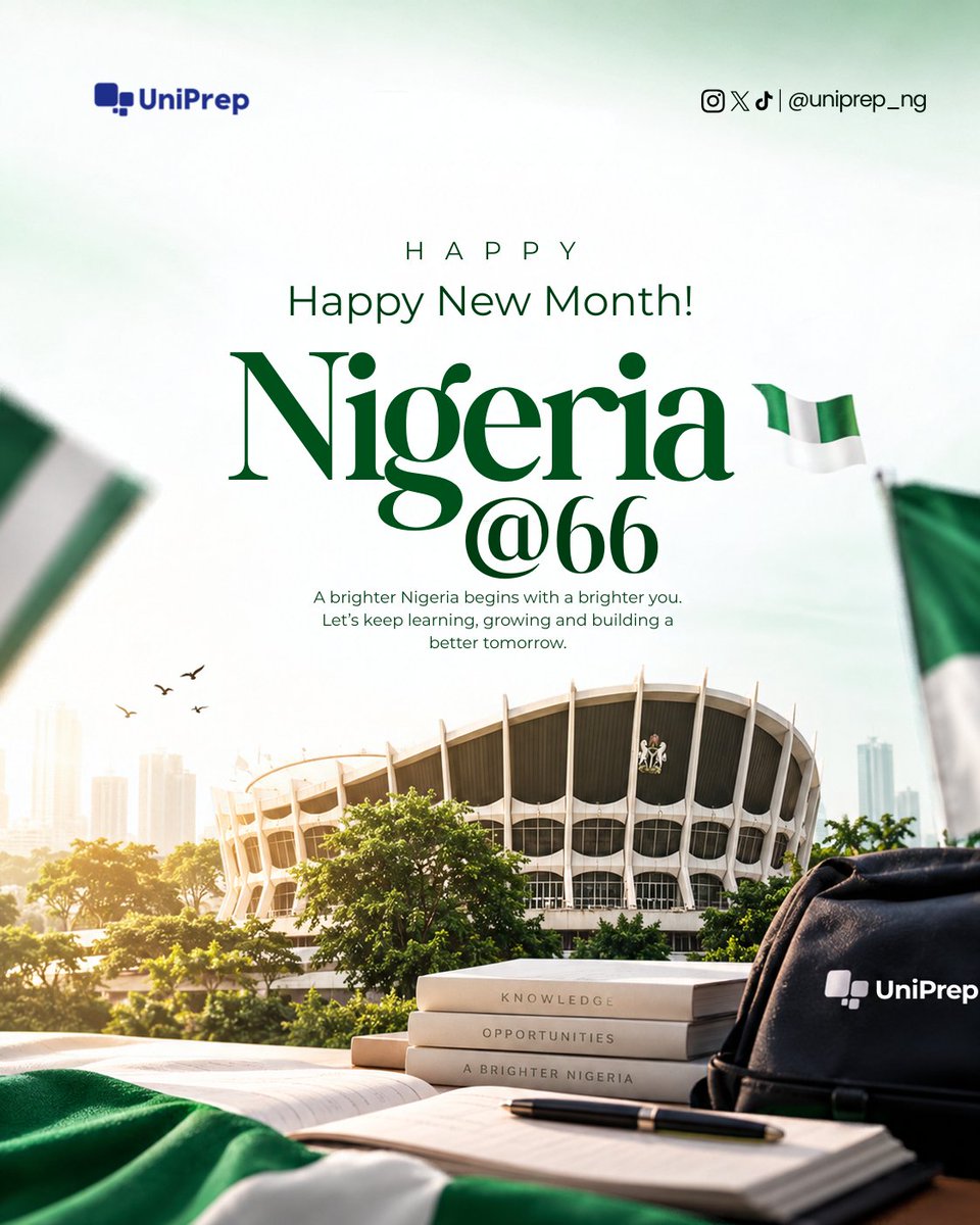 uniprep_ng's tweet photo. 🇳🇬 Happy Independence Day, Nigeria! 🎉
Here’s to 66 years of strength, progress and possibility. May this new month bring us more reasons to learn, grow and build a brighter Nigeria.🚀
- UniPrep 📚
#nigeria #studyApp #uniprep #independence #NigeriaAt66 #HappyNewMonth https://t.co/xxy4zsBrza