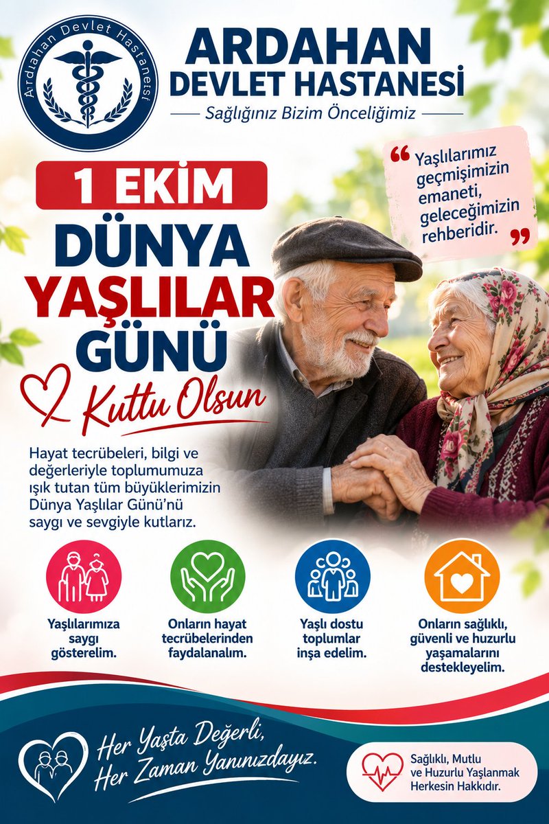 Ardahandh's tweet photo. 1 Ekim Dünya Yaşlılar Günü
Tecrübeleri ve yaşam birikimleriyle toplumumuza değer katan büyüklerimizin sağlıklı ve aktif yaş almalarını destekliyor; Dünya Yaşlılar Günü’nü kutluyoruz.
#DünyaYaşlılarGünü https://t.co/GckdB7kBH7