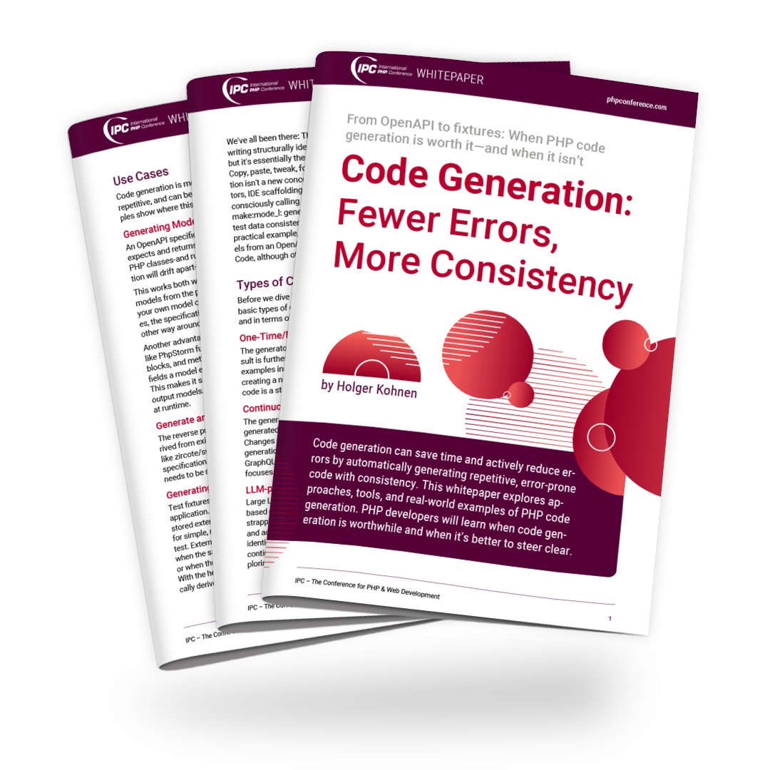 phpconference's tweet photo. ⚙️ Stop rewriting PHP code
In his free whitepaper, Holger Kohnen shows you:
🔹 OpenAPI → typed PHP models
🔹 fixtures & golden files
🔹 LLM-powered generation
👉 https://t.co/MyNCAzoUmP
#IntPHPcon #PHP #CodeGeneration https://t.co/R7INn5Uu2I