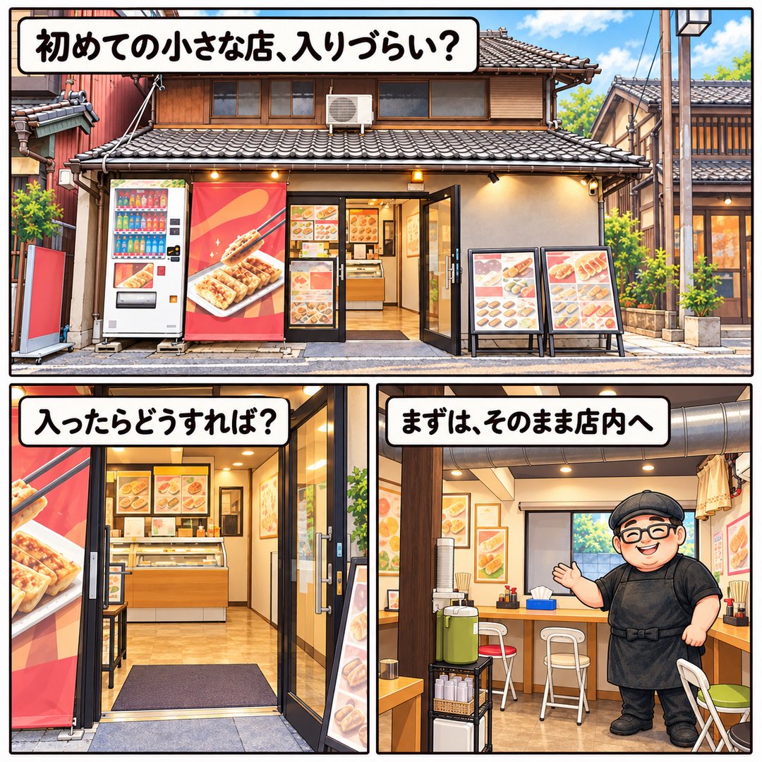 irodorigyoza's tweet photo. 初めての小さなお店って入るまで少し緊張しますよね😅 

当店はそのまま店内へ→メニューを見る→店主に注文→焼き上がりを6〜7分��つ→受け取って食べる🥟 混雑時は10分ほど。

特別なルールはありません
気になっていた方、千代保稲荷へ来た時は気軽にどうぞ🙌 https://t.co/uKnsEu57wv