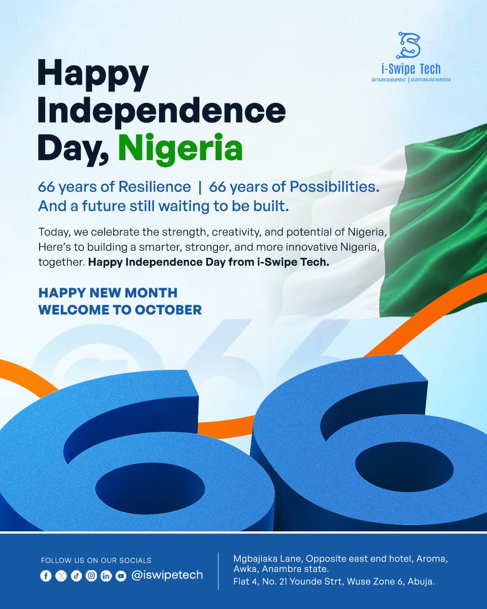 ISwipeTech's tweet photo. Happy New Month & Happy Independence Day!π³π¬
Registration for our ongoing cohort is still on, click the link below to register
https://t.co/9QUIINtMBL
#iswipetech
#Newmonth
#happyindependenceday
#TechCompanyInAwka
#TechAcademyInAwka
#TechCompanyInAbuja https://t.co/w09KOfP2mQ