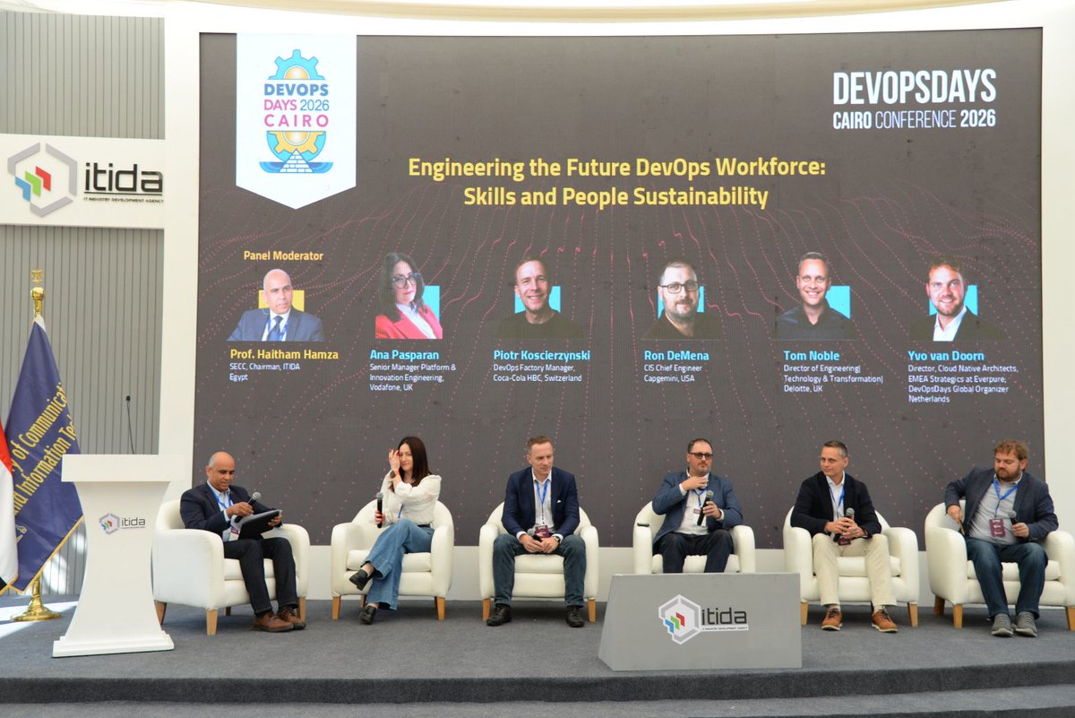 ITIDA's tweet photo. AI, engineering skills and Egypt’s talent advantage led the main panel at #DevOpsDays Cairo 2026, exploring how global companies can build and sustain the workforce of the future.

Read the highlights 👇
https://t.co/pHNldAzLnm

#ITIDA #SECC https://t.co/LUaL4MANSo