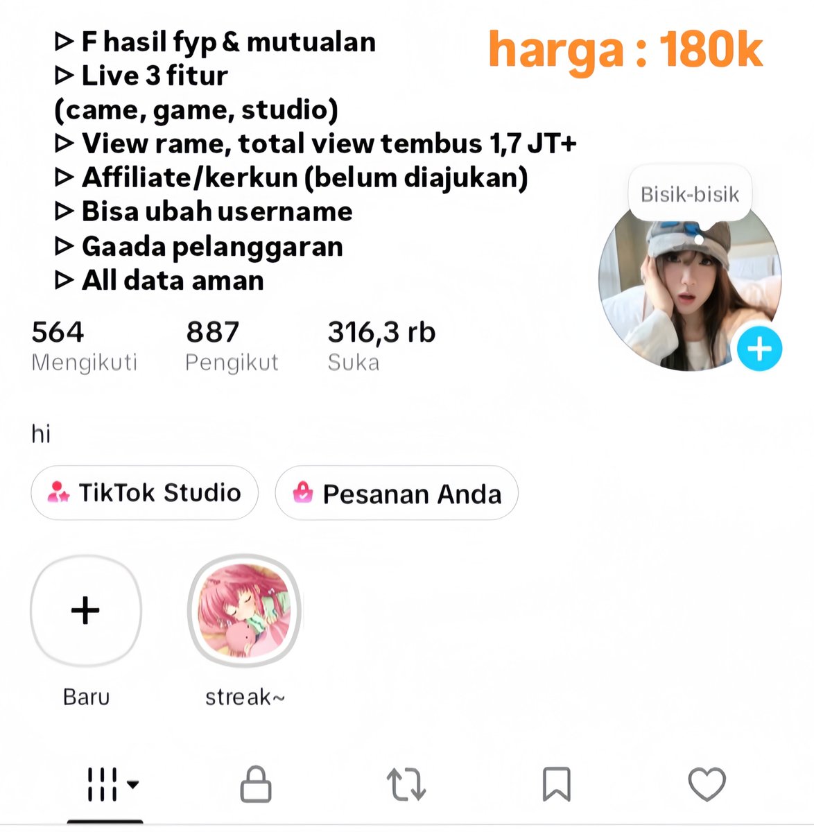 cumfbu's tweet photo. Soreee, wts akun tiktok 
> keterangan acc &amp; harga di gambar 
#zonAuAng u5

t., wtb ready tt sell jual live on https://t.co/bACSh7528C