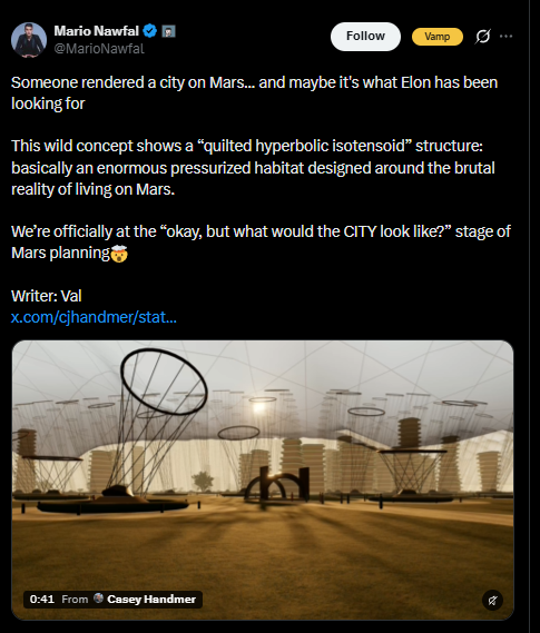 MarioPrezldente's tweet photo. This guy made a CITY of Mars for Elon to see?

Casey made an opensource civilization of Mars specifically made for planning how humans will live on it

He is already going viral and getting lots of tweets, elon interacts

His twitter:
https://t.co/3LRhD87BbK

His website of mars:
https://t.co/5cSa9tBcnv

https://t.co/uuKY2vJKEx
https://t.co/8z3BZSjw2G