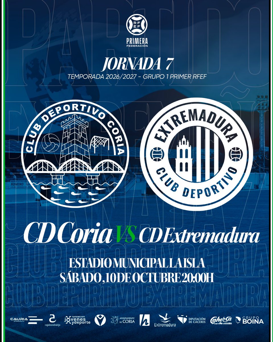 CDCORIA's tweet photo. ⚽️ ¡EL DERBI EXTREMEÑO SE VIVE EN LA ISLA! 

El próximo sábado 10 de octubre el Estadio Municipal La Isla - Grupo Boina RAGT acogerá su primer derbi extremeño de la temporada, una auténtica fiesta del fútbol extremeño en el encuentro de la jornada 7 de Primera Federación ante el @CDExt1924

AFICIÓN VISITANTE: En virtud del acuerdo alcanzado entre los clubes extremeños de la categoría, la afición del CD Extremadura dispondrá de un paquete de 1.000 entradas a 15 € y los niños menores de 15 años que ocupen asiento tiene que pagar 10€. La  venta la gestionará directamente su club en sus oficinas a partir de este lunes 5 de octubre

FAN ZONE PREVIA: Para calentar motores antes del partido, habilitaremos una Fan Zone previa a partir de las 17:30h en la explanada que hay junto a nuestro estadio. Queremos crear un gran ambiente de fútbol de ambos equipos para disfrutar juntos de este partidazo

DESPLAZAMIENTO Y AUTOBUSES: Para facilitar la llegada y comodidad de los aficionados visitantes, los autobuses de la afición del CD Extremadura podrán aparcar en la misma explanada de la Fan Zone, junto a Cidacos

¡Os esperamos a todos para hacer de este derbi una gran fiesta del fútbol extremeño!