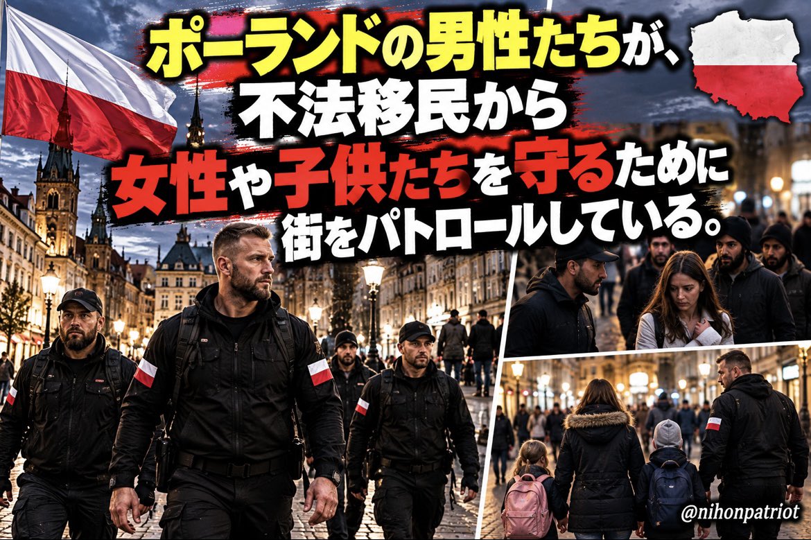 nihonpatriot's tweet photo. 日本人男性も立ち上がろう。

ポーランドの男性たちが、不法移民から女性や子供たちを守るために街をパトロールしている。 https://t.co/jgHyVmwQMv