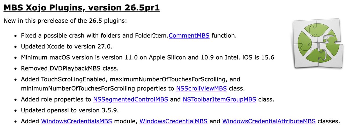 MBSPlugins's tweet photo. MBS #Xojo Plugins, version 26.5pr1

Updated Xcode to version 27.0.
Added TouchScrollingEnabled properties to NSScrollViewMBS
Added role properties to NSSegmentedControlMBS and NSToolbarItemGroupMBS
Updated openssl to 3.5.9.
Added WindowsCredentialsMBS

https://t.co/YbyqCQpdFZ https://t.co/i6Xz8LyLvP
