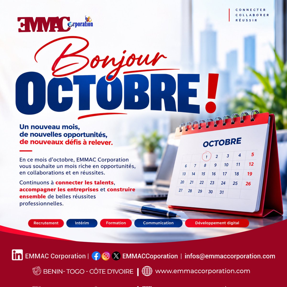 EMMACCorporati2's tweet photo. Bonjour Octobre !

Un nouveau mois s’ouvre, avec son lot de nouvelles opportunités, de nouveaux défis et de belles réussites à construire. https://t.co/b5fzjnwn27