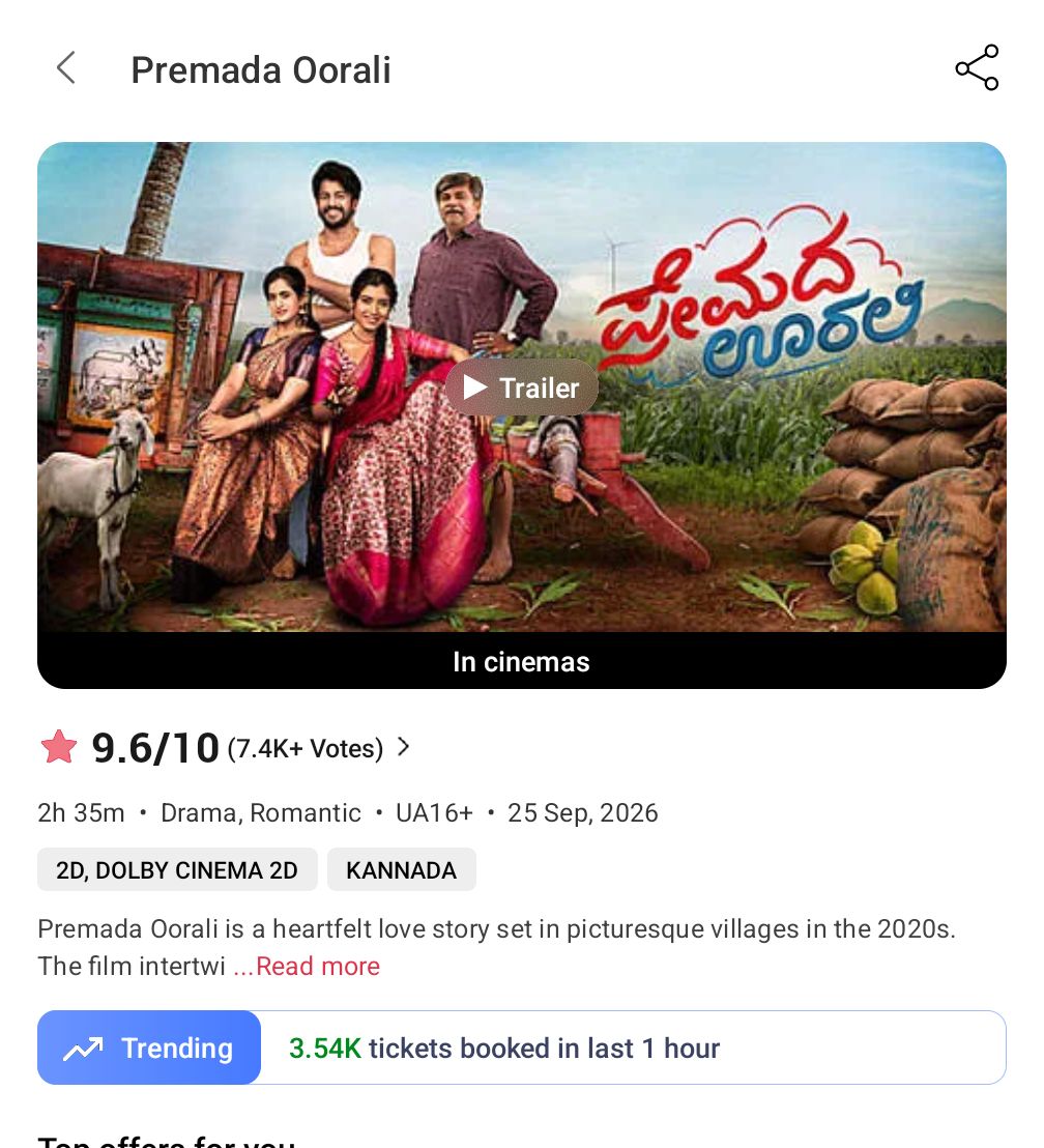 HaveTeaNights's tweet photo. ಏನ್ ಗುರು ಕಥೆ ಇದು🙌🏼🙌🏼🙌🏼🙌🏼🔥🔥
#Premadaoorali trending on #BMS with 3.5k tickets bookings/hour
#kannada #karnataka #cinema #film #BookMyShow #Bengaluru #Mysuru #Mandya #Hassan #Davnagere #Mangaluru #Udupi #Raichur #Gulbarga #shimoga #Chitradurga #Hubballi #Bidar https://t.co/PzV42lvPZi