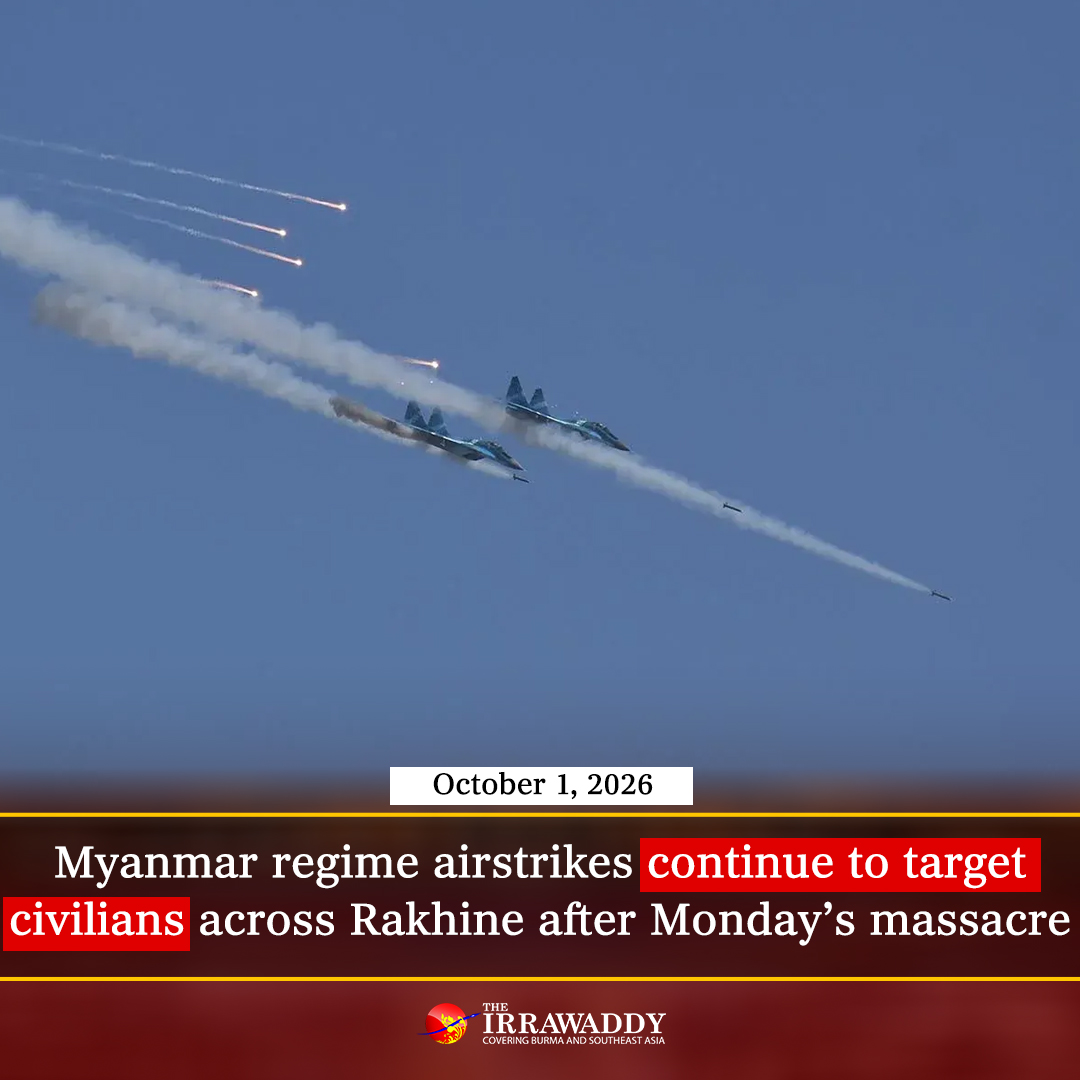 IrrawaddyNews's tweet photo. Myanmar regime airstrikes continue to target civilians across Rakhine State despite global outrage over Monday’s massacre in Kyauktaw. Airstrikes on Wednesday killed a 51-year-old resident in Rathedaung Township, wounded a boy and a woman at a Ponnagyun displacement shelter, and injured 5 civilians in Pauktaw. #WhatsHappeningInMyanmar