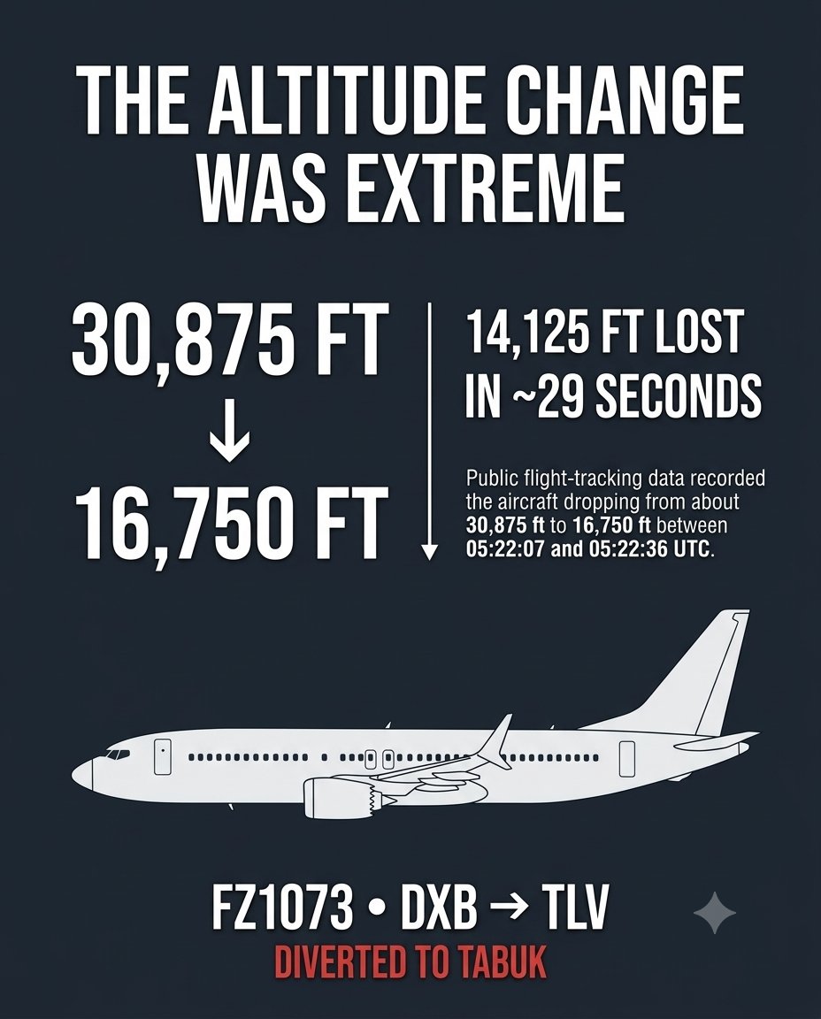 ParmeetOfficial's tweet photo. The flydubai FZ1073 incident is a reminder of why aviation training matters.

The aircraft experienced an extreme inflight event, diverted to Tabuk and landed safely.

We still need the investigation to establish exactly what happened.

#Aviation #AviationSafety #FZ1073 https://t.co/IiK0iWInF2