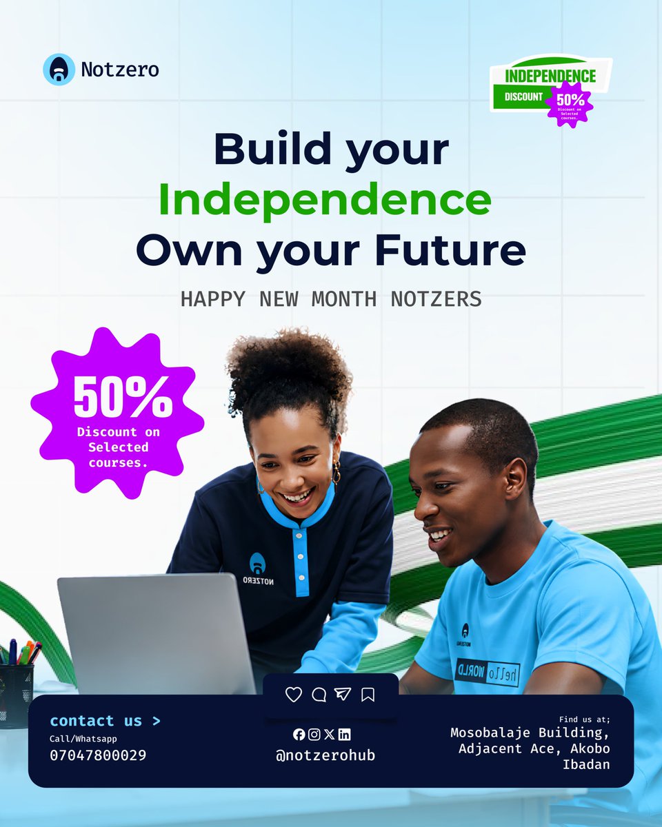 notzerohub's tweet photo. Happy New Month, Notzers!

This October, build your independence and own your future. 🇳🇬

Get 50% off selected courses with our Independence Discount.

Ready to invest in your next skill? https://t.co/n34FOmUGeV