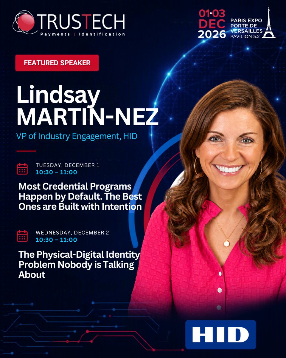 TRUSTECH_Event's tweet photo. 🎤 Speaker Spotlight | Lindsay MARTIN-NEZ, VP at HID

Ahead of her speaking sessions at TRUSTECH 2026, Lindsay shared her perspective on the evolution of identity: from security &amp; user experience to the growing role of physical and mobile credentials 👉 https://t.co/q3jaE05xPc https://t.co/W4QqACYnFQ