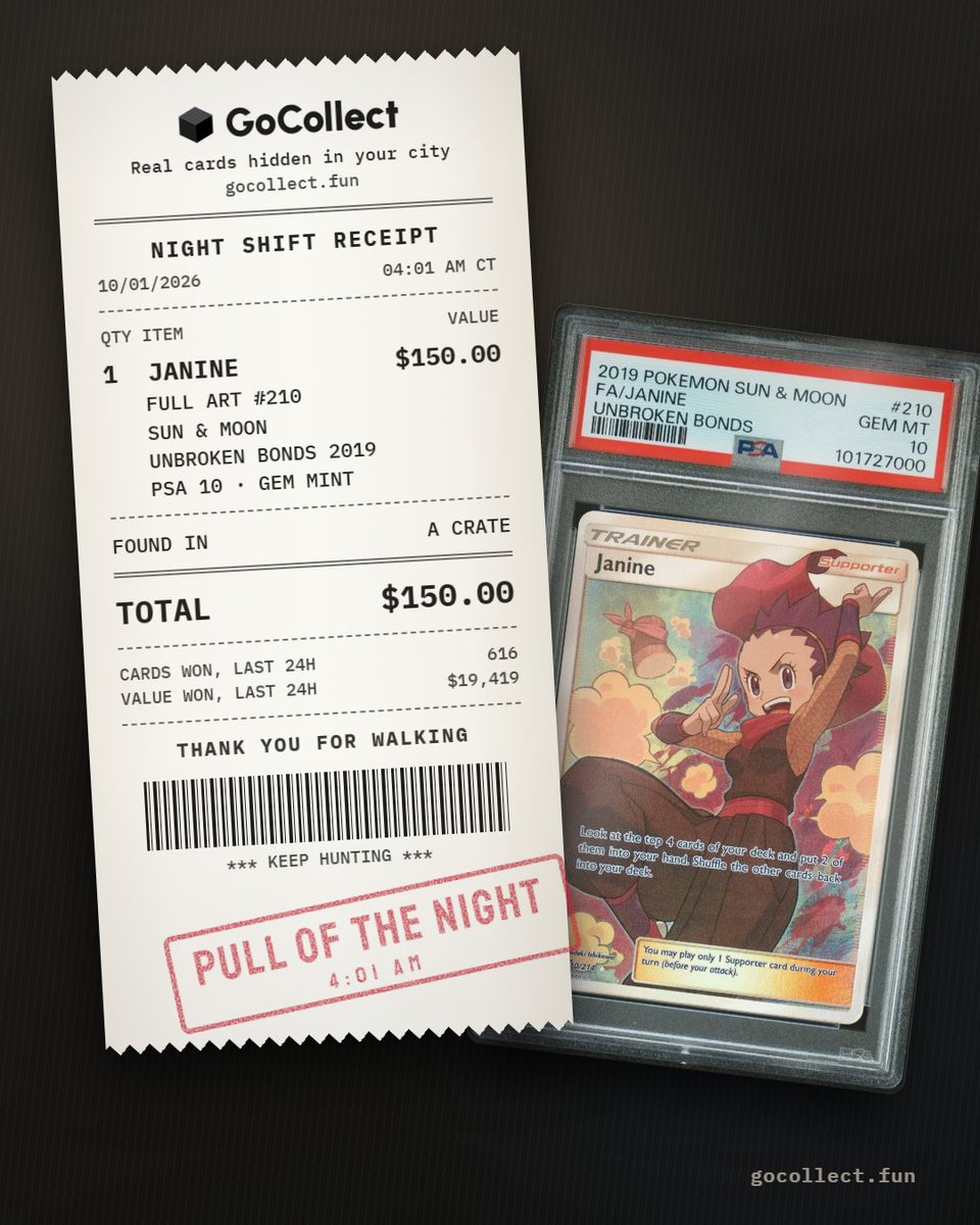 gocollectfun's tweet photo. Pull of the night.

A Janine Full Art PSA 10 ($150) from Unbroken Bonds, found in a crate at 4:01 AM.
616 real graded cards won in the last 24 hours.

Up at 4 AM for a reason.
https://t.co/HVa0V6U7HE https://t.co/4b30JnxOGm