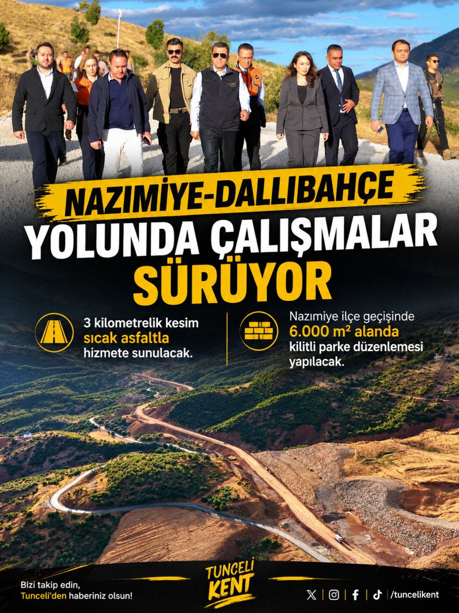 TunceliKent's tweet photo. Nazımiye-Dallıbahçe Yolunda Sıcak Asfalt Çalışması

Tunceli Valisi Şefik Aygöl, Nazımiye Kaymakamı Pınar Ayaz ve Karayolları Elazığ 8. Bölge Müdürü Suat Cüre ile birlikte Nazımiye-Dallıbahçe İl Yolu’nda yürütülen çalışmaları yerinde inceledi.

Karayolları 8. Bölge Müdürlüğü ekiplerince sürdürülen çalışmalar kapsamında yolun 3 kilometrelik kesimi BSK (Bitümlü Sıcak Karışım) asfaltla kaplanarak hizmete sunulacak.

Proje kapsamında ayrıca Nazımiye ilçe geçişinde yaklaşık 6 bin metrekarelik alanda kilitli parke yol ve kaldırım düzenlemesi gerçekleştirilecek.

#tunceli #tuncelihaber #tuncelikent #nazımiye