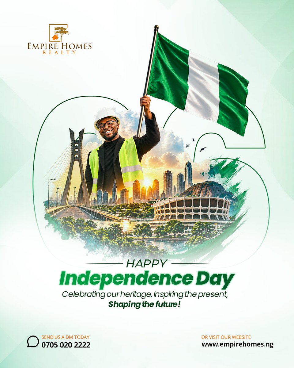 empirehomes_'s tweet photo. Today, we celebrate Nigeria, our rich heritage, diverse cultures, remarkable people and the hope that continues to move us forward. 💚🤍💚

Happy Independence Day, Nigeria! 🎉🇳🇬

#nigeriaat66 https://t.co/3vxXedVhqw