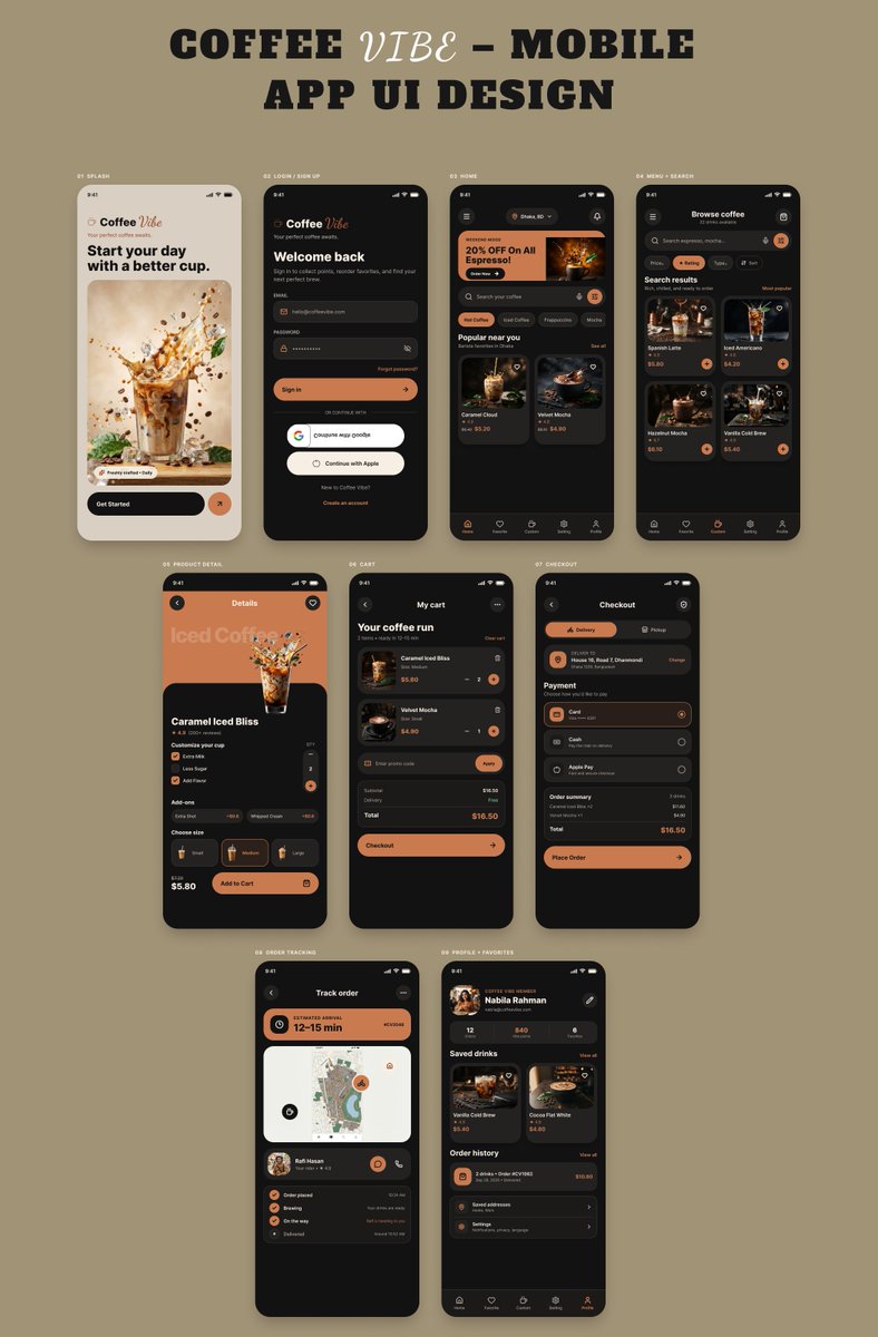 danii_sultan's tweet photo. Designed a coffee ordering app concept ☕
Coffee Vibe: 9 screens, dark theme + caramel accent, from splash to live order tracking.

Which screen is your favorite? 👇

#UIDesign #AppDesign #Figma https://t.co/WEKXlQ5KuJ