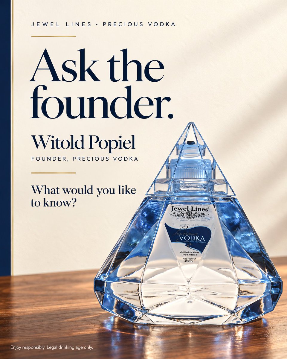WitoldWpopiel's tweet photo. I’m Witold Popiel, founder of Precious Vodka.

Today, I’d like to hear your questions about the brand—from the diamond-shaped bottle to the gemstone capsule and presentation.

What would you like me to explain in our next post?

— Witold

#PreciousVodka #JewelLines #MeetTheFounder

Enjoy responsibly. Legal drinking age only.
