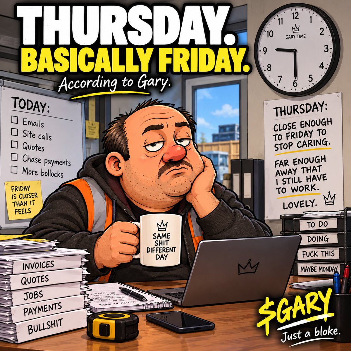 GaryTheToken's tweet photo. Thursday.
Close enough to Friday to stop caring.
Far enough away that apparently I still have to work.
Lovely. 🍺 https://t.co/0hMzdXhTgK