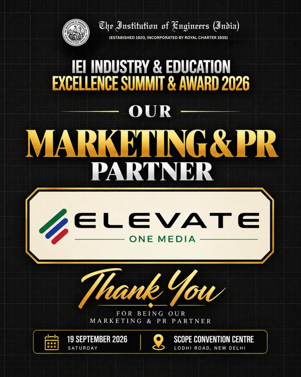 ieiawards's tweet photo. 🤝 Thank you, Elevate One Media!

We proudly acknowledge Elevate One Media as the Marketing & PR Partner for the IEI Industry & Education Excellence Summit & Award 2026.

Thank you for your valuable support in celebrating engineering excellence and innovation.

#IEIAwards2026 #ElevateOneMedia #IEI #EngineeringExcellence