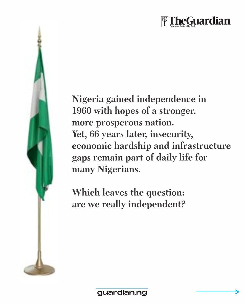GuardianNigeria's tweet photo. Sixty-six years after independence, Nigeria’s journey has been shaped by promises of security, economic growth, jobs and better infrastructure.

As the country marks 66 years of independence, we look at the promises made, reforms introduced and challenges that continue to shape everyday life.

The question remains: Are Nigerians living the promises of independence?

Visit https://t.co/EiKkmggTy3 to view more updates.

#NigeriaAt66 #IndependenceDay #Nigeria #NationBuilding