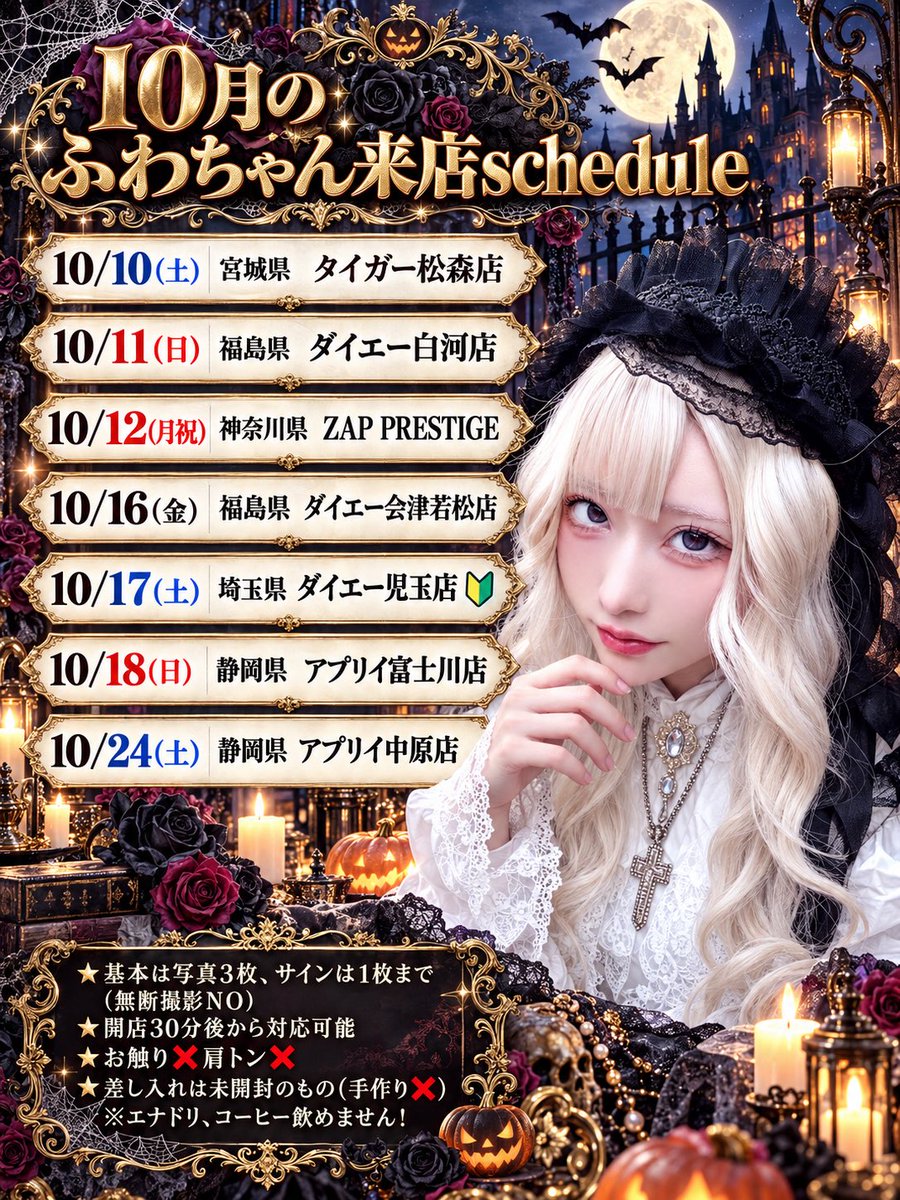 P__fwch's tweet photo. ＼\ 10月のschedule /／

🧸＜追加スケジュール🈶‼️

· · ───── ·✧· ───── · ·

RPすると抽選で5名の方に
ｵﾘｼﾞﾅﾙ待ち受けカレンダーが届くよ✉ ͗ ͗
ﾌｫﾛｰで確率🆙⤴︎⤴

※更新前のスケジュールRPしてくれた方＋今回合わせて10名が当選するｿﾞ⚡️

· · ───── ·✧· ───── · ·

10月といえばハロウィン🎃✧*｡
コスプレ来店🈶るｶﾓ⁉️
行けないよって方は拡散やコメントなどで応援してくれいｯ‼️(いつもありがとう)

#PR