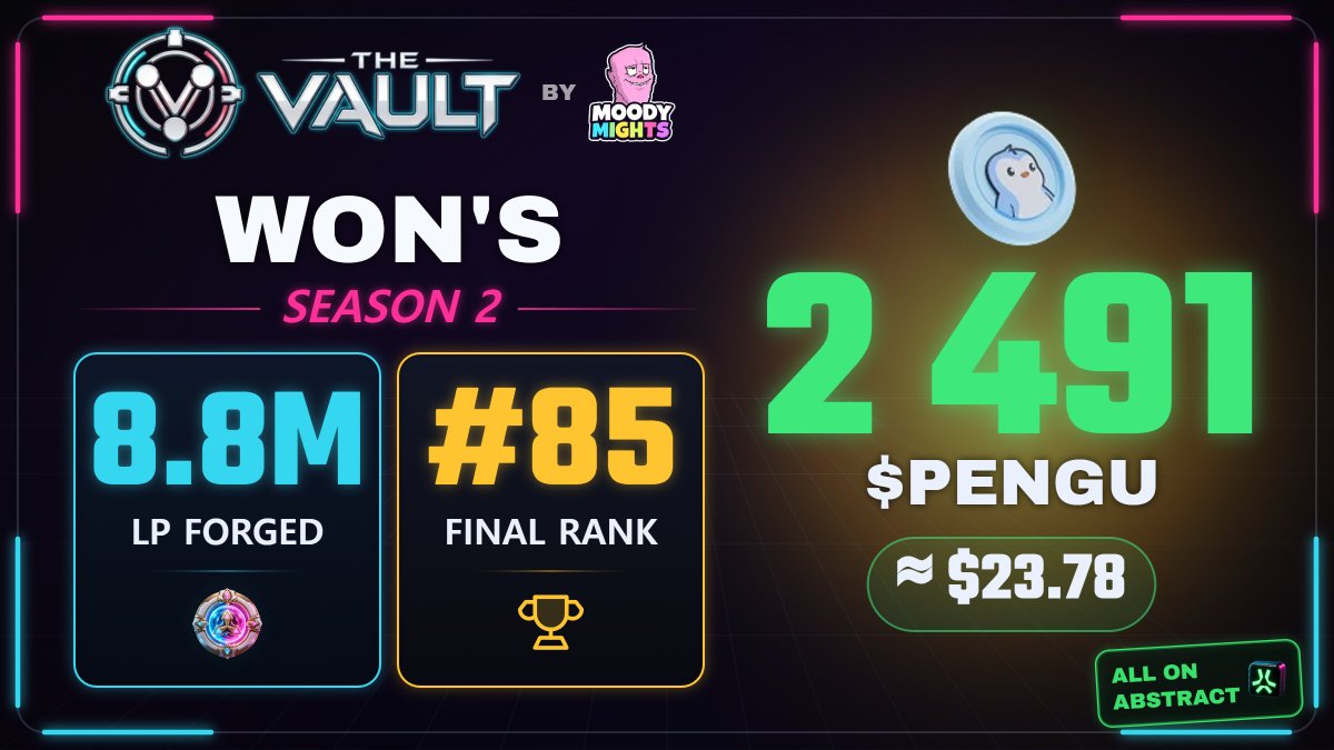 mechoorial's tweet photo. 내 Vault · 시즌 2 종료. 🏦

⚒️ 8.8M LP 제련
🏆 최종 순위 #85
🐧 2 491 solana:2zMMhcVQEXDtdE6vsFS7S7D5oUodfJHE8vd1gnBouauv 누적

모두 @AbstractChain 위에서.

S3에서 만나요. https://t.co/o4Zvr8Sznx