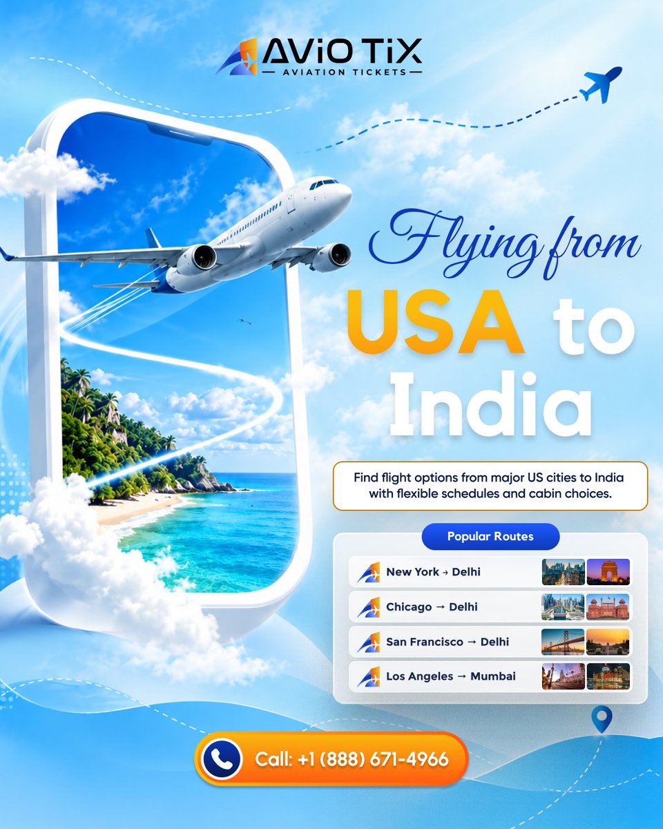 aviotix's tweet photo. Flying from the USA to India? Explore flight options from New York, Chicago, San Francisco &amp; Los Angeles with Aviotix.

Call +1 (888) 671-4966 for personalized flight assistance.

#Aviotix #USAToIndia #IndiaFlights #FlightBooking https://t.co/eZDFGJE9wS