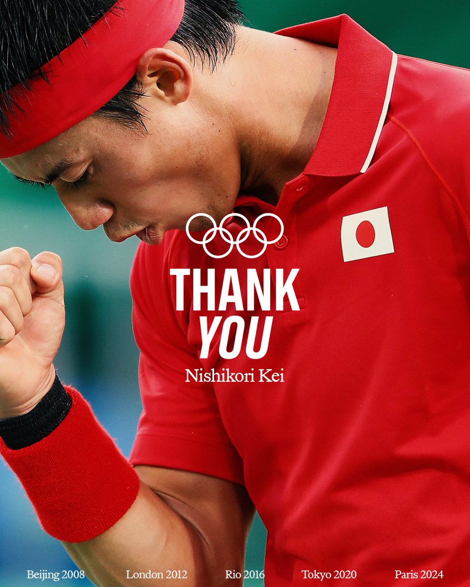 Olympics's tweet photo. FIVE-time Olympian, and Rio 2016 Olympic bronze medallist 🫡

Good luck with your next chapter, Nishikori Kei.

#Olympics | #Tennis https://t.co/aG8ZBxQZbC