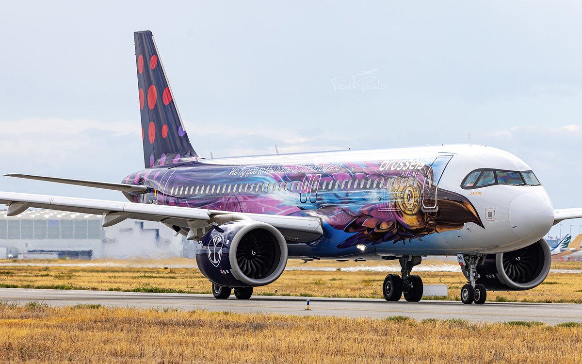 Frenchpainter's tweet photo. On Tuesday, the #A350F drew attention when it made its maiden flight, but another exceptional special livery was also on show in #Toulouse -> #A320Neo Brussels Airlines OO-SBB Tomorrowland. 😍 https://t.co/CvygSu0a29