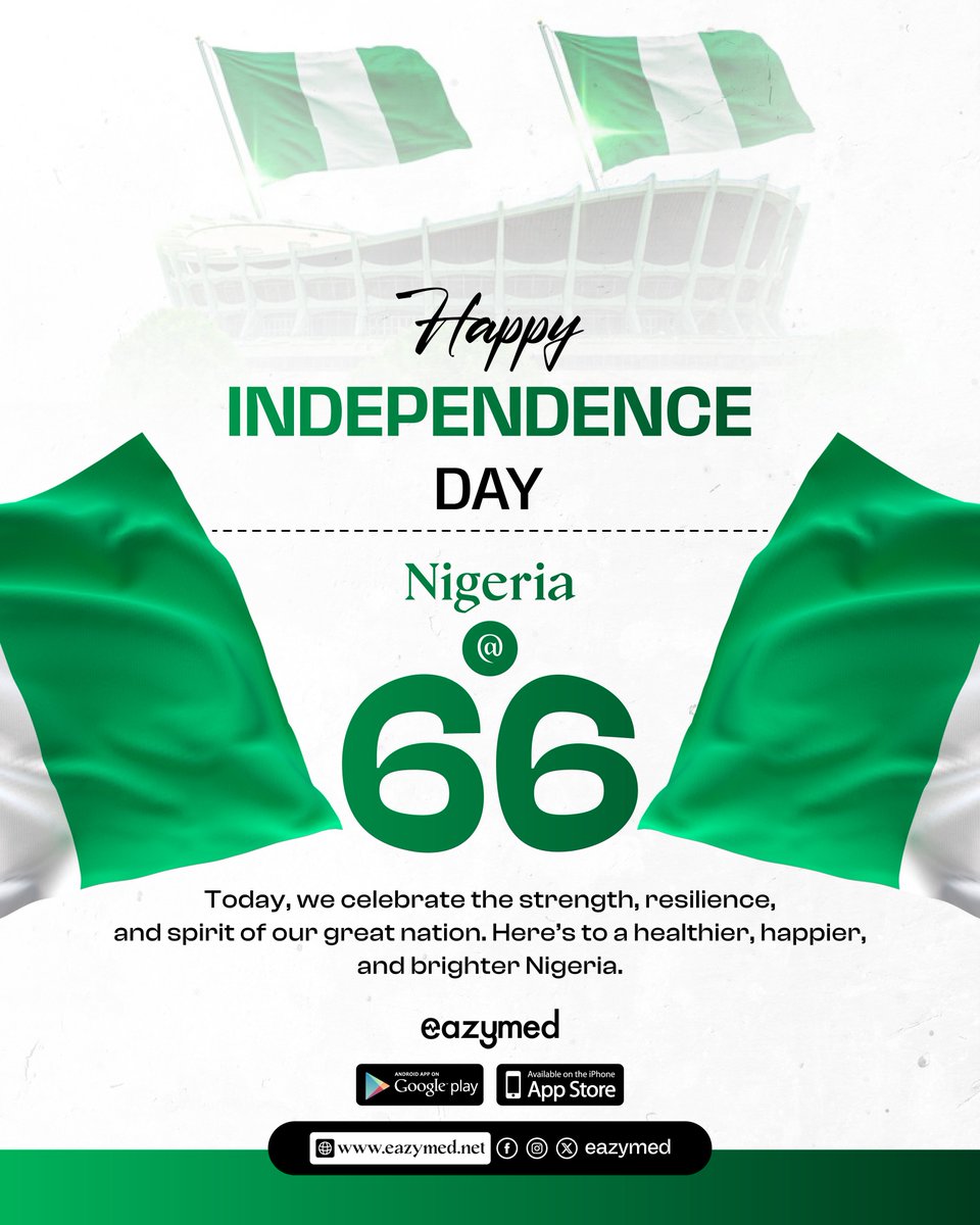 eazymed_'s tweet photo. 🇳🇬 Happy Independence Day, Nigeria!

Here’s to a healthier Nigeria, where getting the care and medicines you need is simple, safe, and convenient.

Celebrating Nigeria and all the people who make it home. 💚🤍💚

Happy Independence Day from EazyMed! https://t.co/pzKJDvPn0R