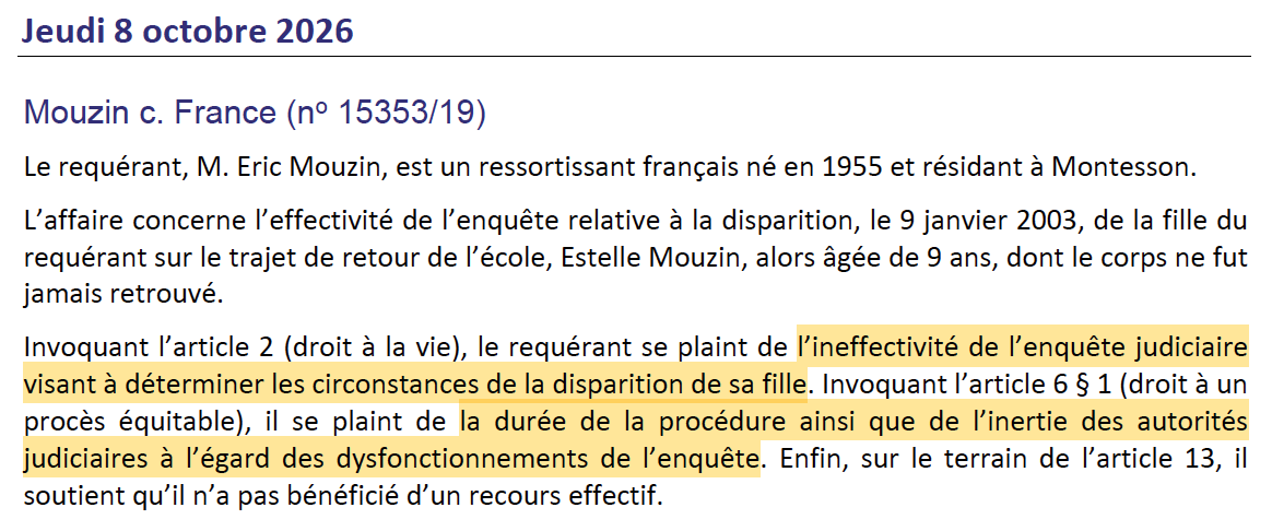N_Hervieu's tweet photo. Droit à la vie : Jeudi prochain, la CEDH va statuer sur l'affaire Estelle Mouzin, disparue à l'âge de 9 ans en 2003.

Son père dénonce les carences &amp; les dysfonctionnements de l'enquête ainsi que l'inertie des autorités.

Son enlèvement &amp; assassinat est imputé à Michel Fourniret. https://t.co/vwrtz3lhsO