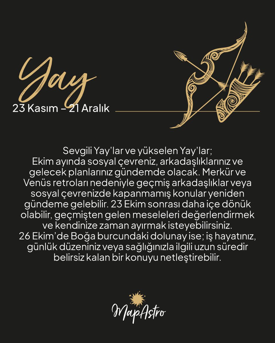 Mapastroapp's tweet photo. ✨ Ekim ayında burçları neler bekliyor?

Gökyüzü bu ay geçmişten kalan dosyaları yeniden açıyor. 🌙 Merkür ve Venüs retrolarıyla eski aşklar, yarım kalan konuşmalar, geçmiş iş fırsatları ve uzun süredir çözülemeyen meseleler yeniden karşımıza çıkabilir. Bazı şeyler ikinci bir şansı hak ederken, bazılarıysa artık tamamen geride bırakılmak için dönebilir. 👀

23 Ekim’den itibaren enerjinin yönü değişirken, 26 Ekim Boğa Dolunayı birçok burç için bekleyen bir konuda “artık netleşme zamanı” diyebilir. 🌕♉️ Aşk, para, kariyer, aile, arkadaşlıklar… Her burcun hikâyesi başka!

Peki senin burcunu ve yükselenini Ekim’de ne bekliyor? ✨ Kaydır, burcunu oku ve yoruma burcunu + yükselenini bırak! 👇

Daha kişisel ve detaylı astrolojik yorumların için MapAstro App’te doğum haritana göz atmayı unutma. 🔮✨