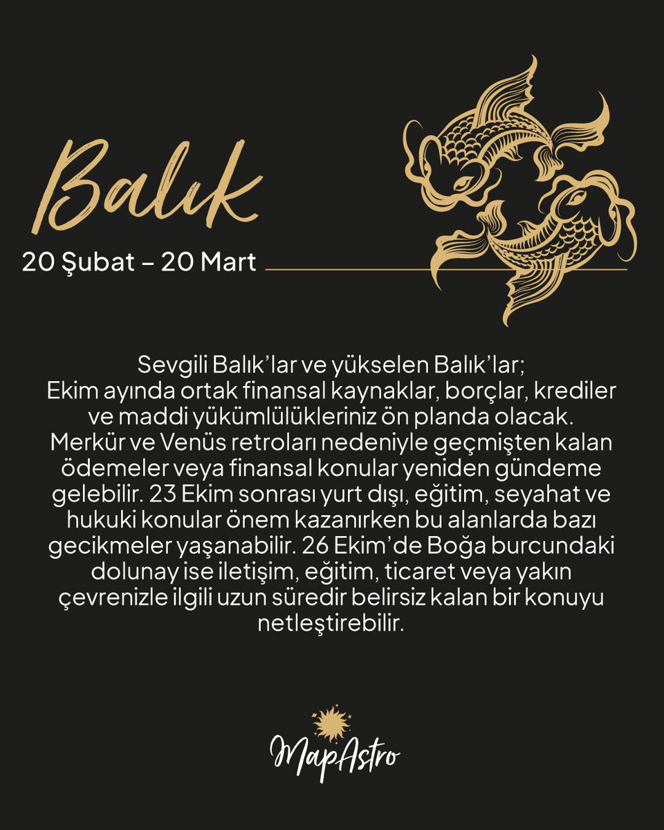 Mapastroapp's tweet photo. ✨ Ekim ayında burçları neler bekliyor?

Gökyüzü bu ay geçmişten kalan dosyaları yeniden açıyor. 🌙 Merkür ve Venüs retrolarıyla eski aşklar, yarım kalan konuşmalar, geçmiş iş fırsatları ve uzun süredir çözülemeyen meseleler yeniden karşımıza çıkabilir. Bazı şeyler ikinci bir şansı hak ederken, bazılarıysa artık tamamen geride bırakılmak için dönebilir. 👀

23 Ekim’den itibaren enerjinin yönü değişirken, 26 Ekim Boğa Dolunayı birçok burç için bekleyen bir konuda “artık netleşme zamanı” diyebilir. 🌕♉️ Aşk, para, kariyer, aile, arkadaşlıklar… Her burcun hikâyesi başka!

Peki senin burcunu ve yükselenini Ekim’de ne bekliyor? ✨ Kaydır, burcunu oku ve yoruma burcunu + yükselenini bırak! 👇

Daha kişisel ve detaylı astrolojik yorumların için MapAstro App’te doğum haritana göz atmayı unutma. 🔮✨
