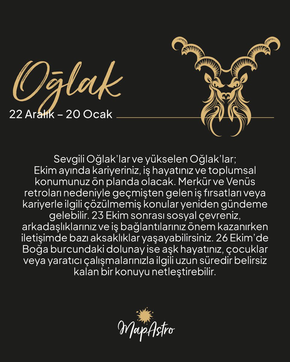 Mapastroapp's tweet photo. ✨ Ekim ayında burçları neler bekliyor?

Gökyüzü bu ay geçmişten kalan dosyaları yeniden açıyor. 🌙 Merkür ve Venüs retrolarıyla eski aşklar, yarım kalan konuşmalar, geçmiş iş fırsatları ve uzun süredir çözülemeyen meseleler yeniden karşımıza çıkabilir. Bazı şeyler ikinci bir şansı hak ederken, bazılarıysa artık tamamen geride bırakılmak için dönebilir. 👀

23 Ekim’den itibaren enerjinin yönü değişirken, 26 Ekim Boğa Dolunayı birçok burç için bekleyen bir konuda “artık netleşme zamanı” diyebilir. 🌕♉️ Aşk, para, kariyer, aile, arkadaşlıklar… Her burcun hikâyesi başka!

Peki senin burcunu ve yükselenini Ekim’de ne bekliyor? ✨ Kaydır, burcunu oku ve yoruma burcunu + yükselenini bırak! 👇

Daha kişisel ve detaylı astrolojik yorumların için MapAstro App’te doğum haritana göz atmayı unutma. 🔮✨